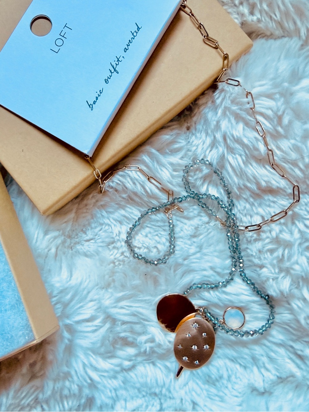 LOFT Gold & Crystal star light star bright Necklace with Light Blue Beaded Chain